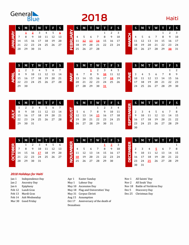 Download Haiti 2018 Calendar - Sunday Start