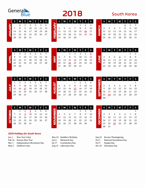 Download South Korea 2018 Calendar - Sunday Start