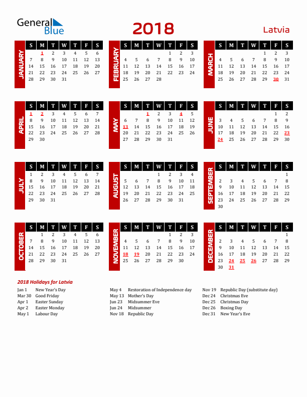 Download Latvia 2018 Calendar - Sunday Start