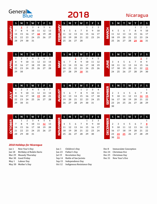 Download Nicaragua 2018 Calendar - Sunday Start