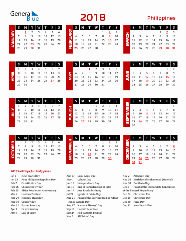 Download Philippines 2018 Calendar - Sunday Start