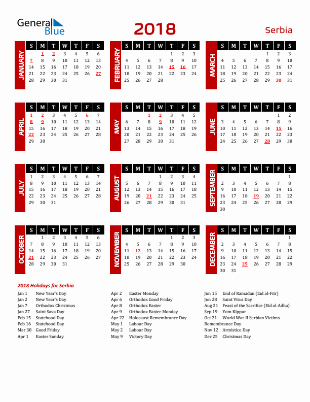 Download Serbia 2018 Calendar - Sunday Start