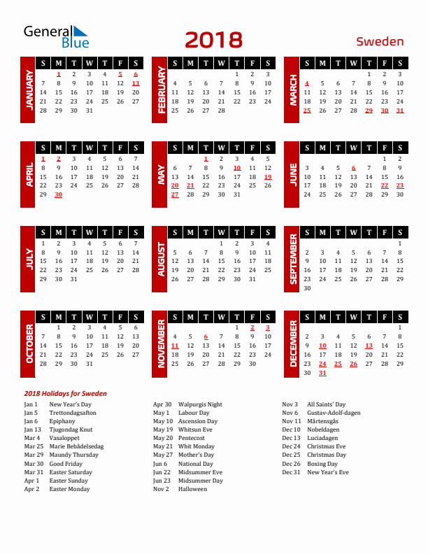 Download Sweden 2018 Calendar - Sunday Start