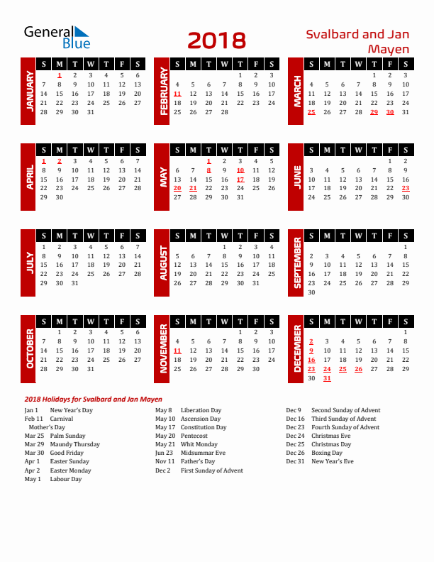 Download Svalbard and Jan Mayen 2018 Calendar - Sunday Start