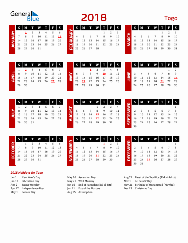 Download Togo 2018 Calendar - Sunday Start