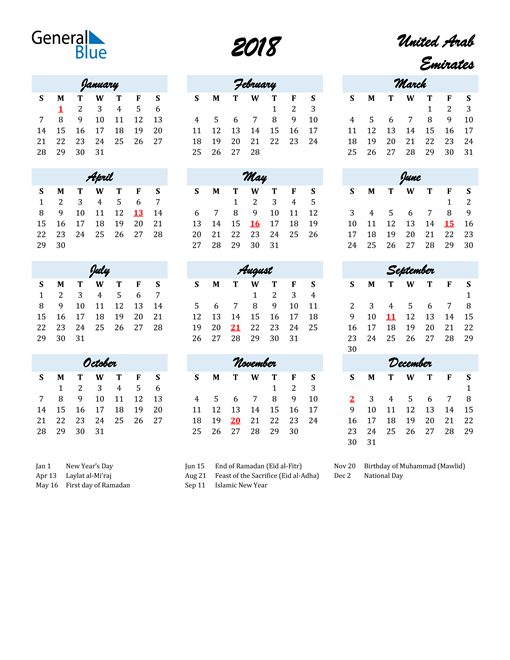 2018 Calendar for United Arab Emirates with Holidays