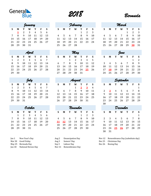 2018 Bermuda Calendar with Holidays