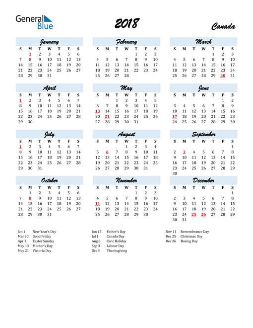 2018 Calendar for Canada with Holidays