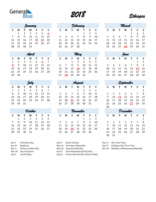 2018 Ethiopia Calendar with Holidays