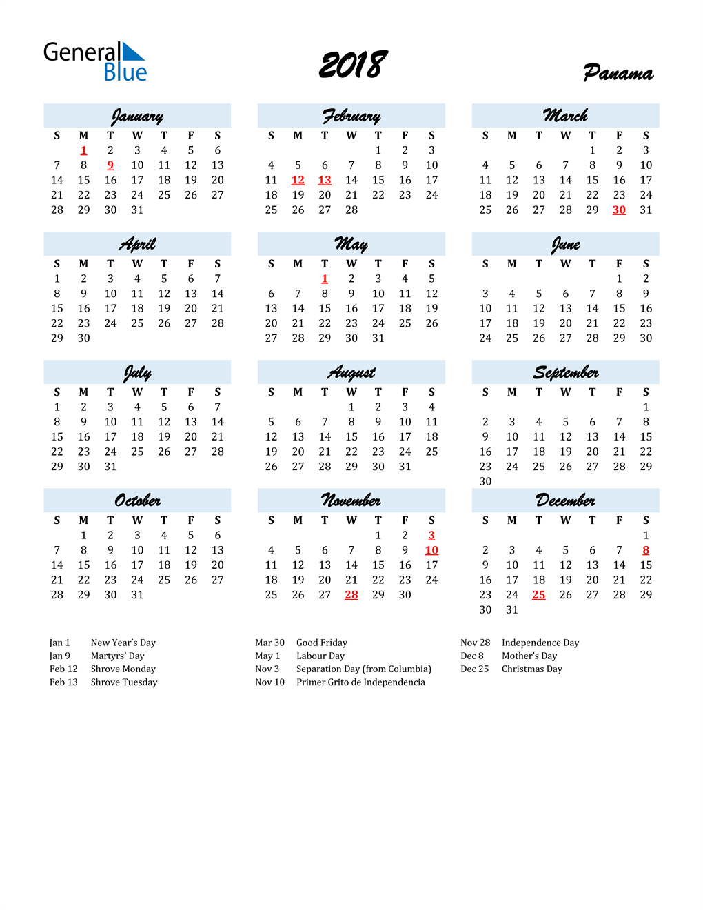 2018 Panama Calendar with Holidays