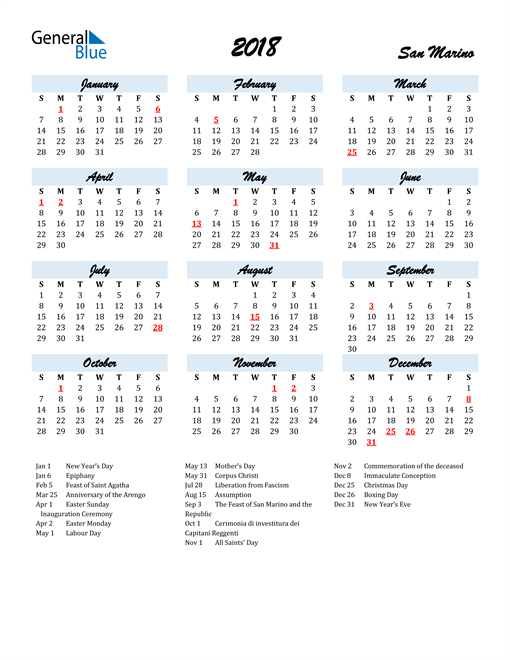 2018 Calendar San Marino with Holidays
