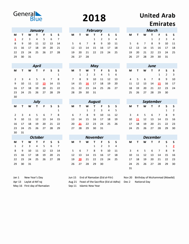 2018 Calendar for United Arab Emirates with Holidays