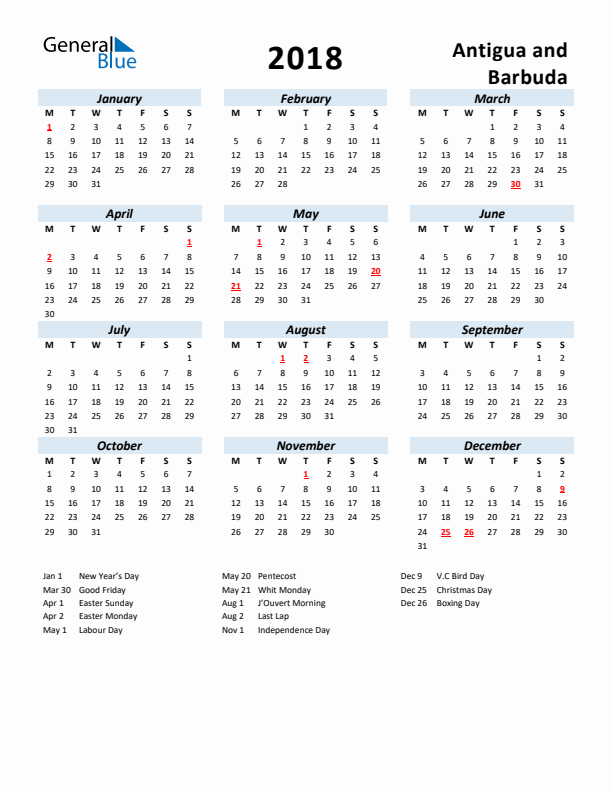 2018 Calendar for Antigua and Barbuda with Holidays