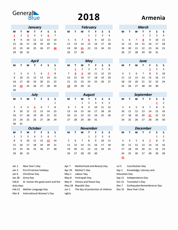 2018 Calendar for Armenia with Holidays