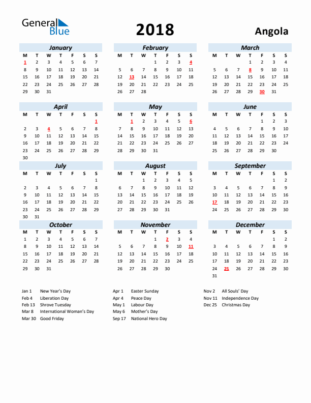 2018 Calendar for Angola with Holidays
