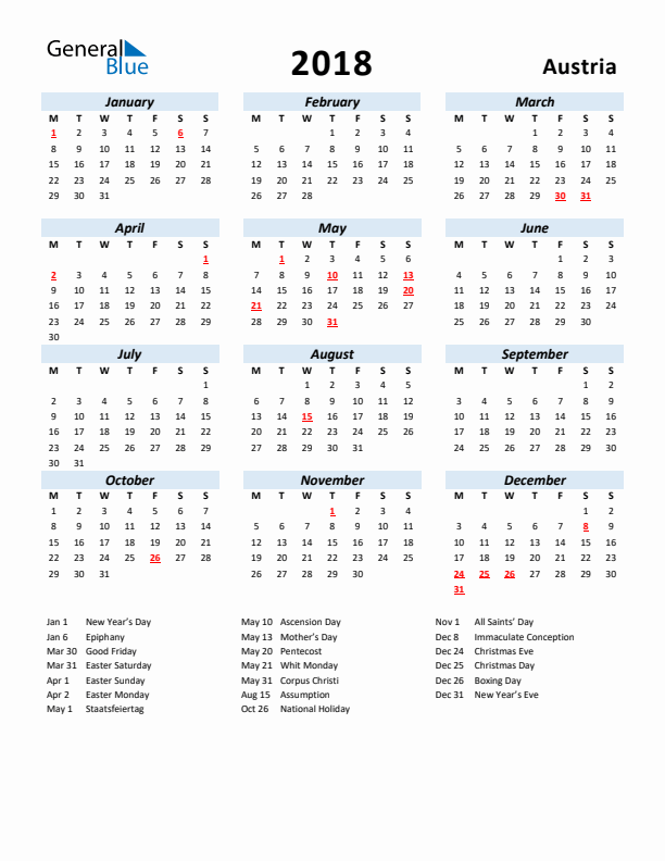2018 Calendar for Austria with Holidays