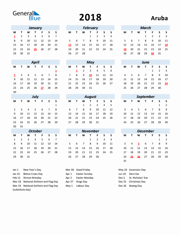 2018 Calendar for Aruba with Holidays