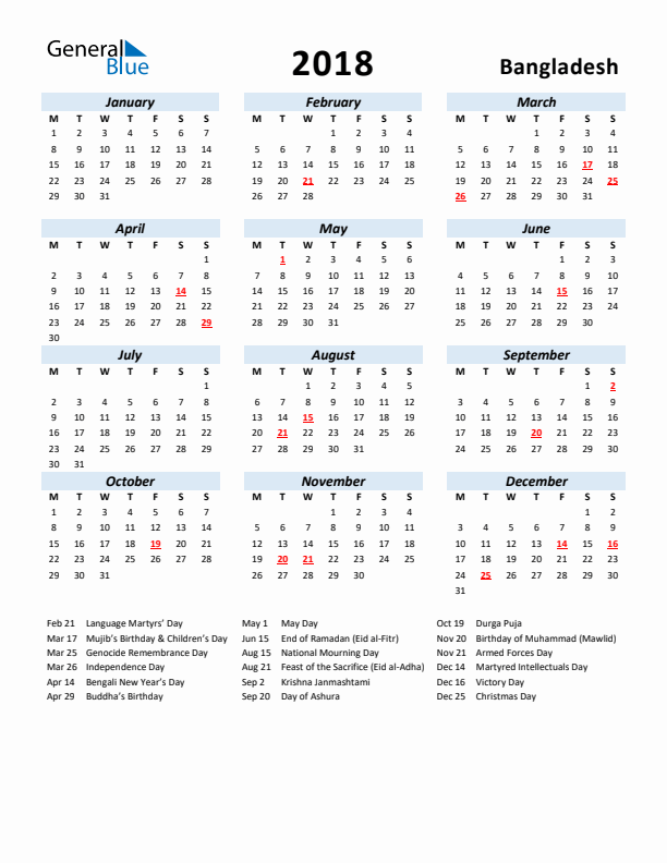 2018 Calendar for Bangladesh with Holidays