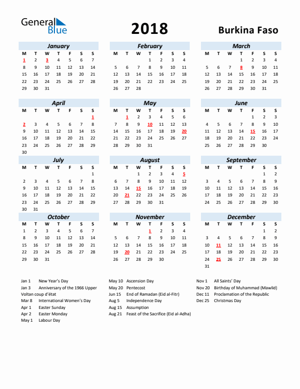 2018 Calendar for Burkina Faso with Holidays