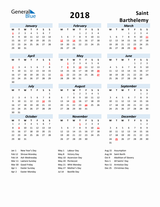 2018 Calendar for Saint Barthelemy with Holidays