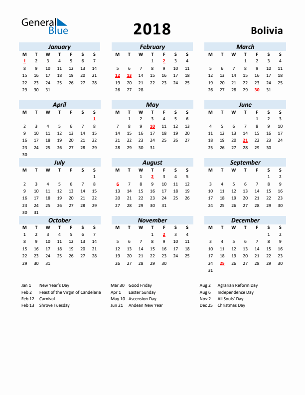 2018 Calendar for Bolivia with Holidays