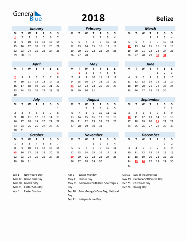 2018 Calendar for Belize with Holidays