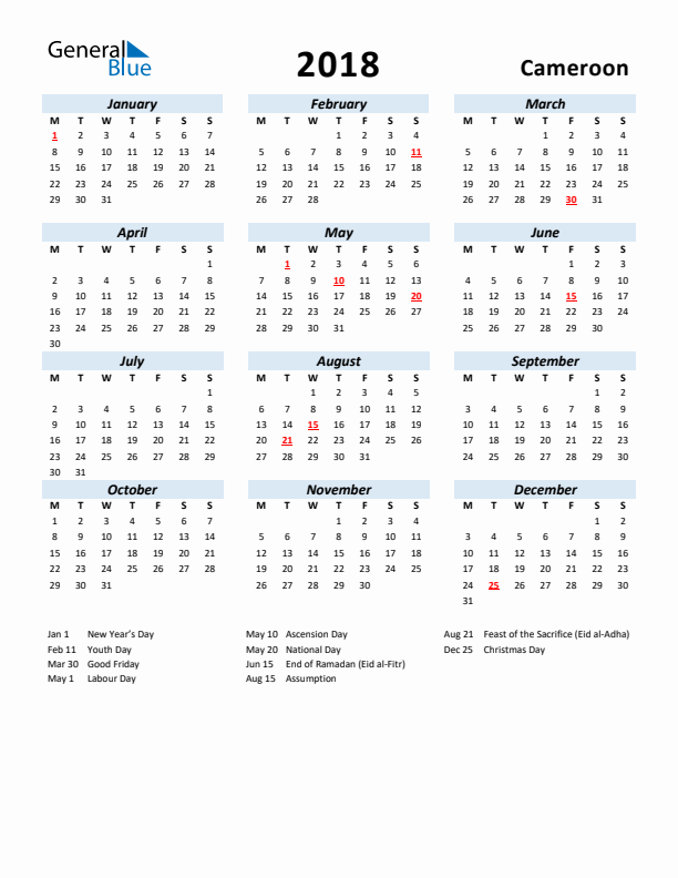 2018 Calendar for Cameroon with Holidays