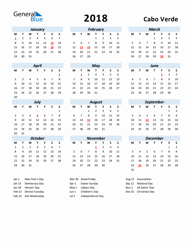2018 Calendar for Cabo Verde with Holidays