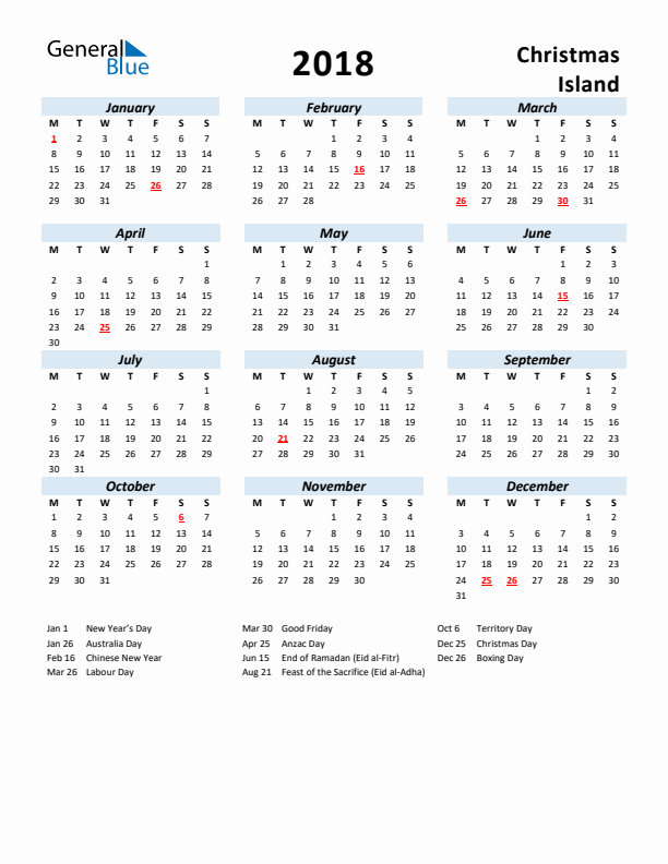 2018 Calendar for Christmas Island with Holidays