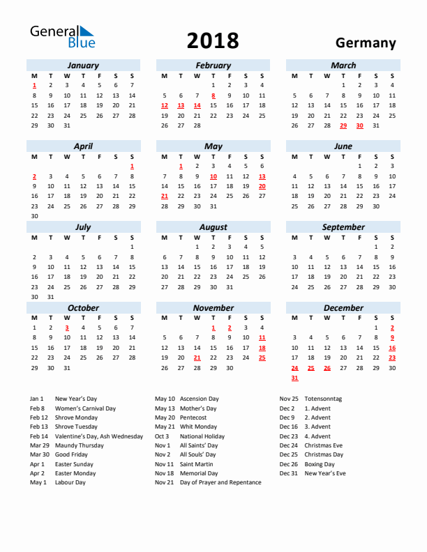 2018 Calendar for Germany with Holidays