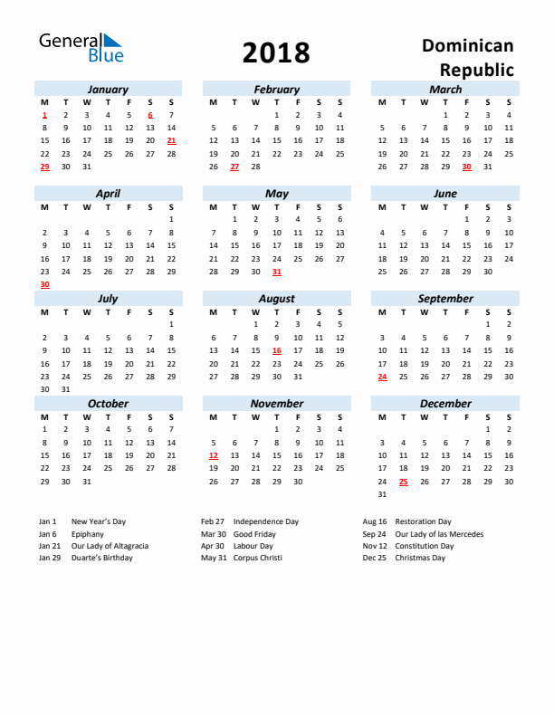 2018 Calendar for Dominican Republic with Holidays