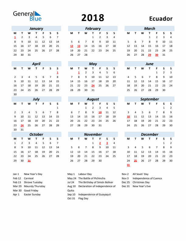 2018 Calendar for Ecuador with Holidays