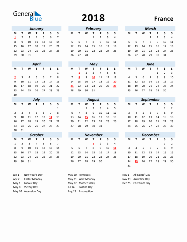 2018 Calendar for France with Holidays