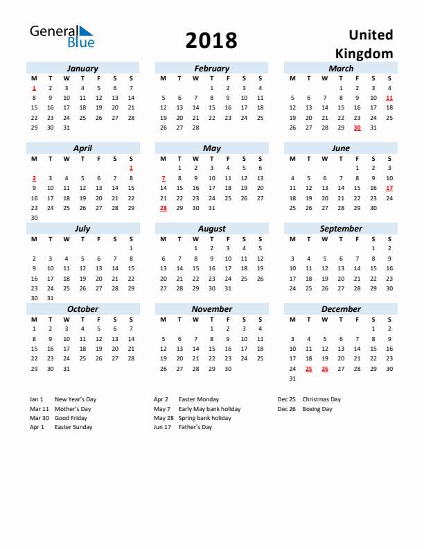 2018 Calendar for United Kingdom with Holidays