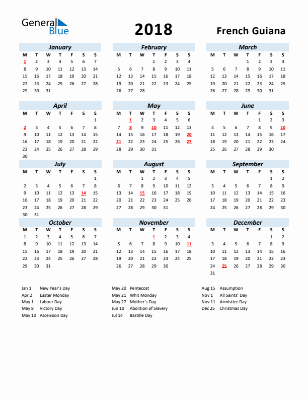 2018 Calendar for French Guiana with Holidays