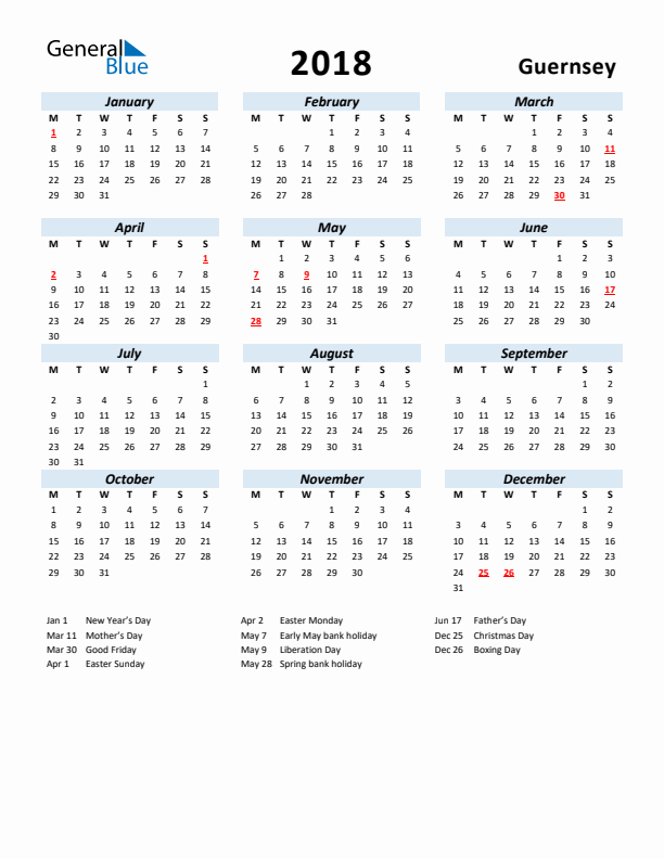 2018 Calendar for Guernsey with Holidays