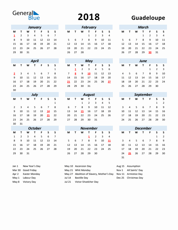 2018 Calendar for Guadeloupe with Holidays