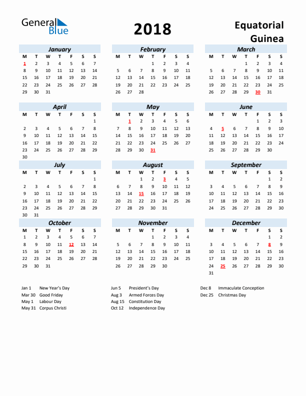 2018 Calendar for Equatorial Guinea with Holidays