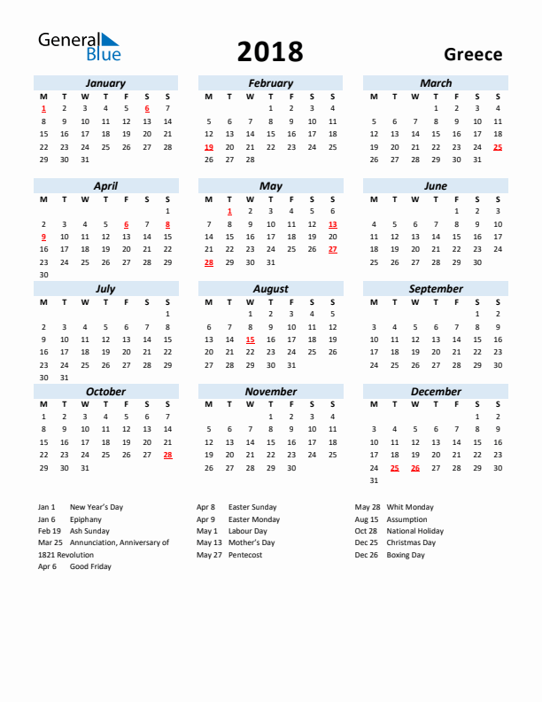 2018 Calendar for Greece with Holidays