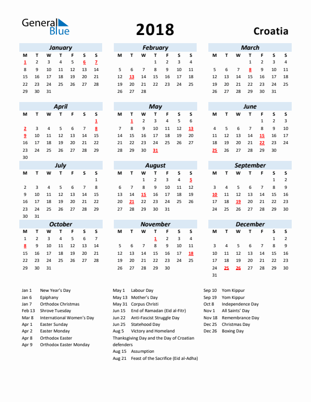 2018 Calendar for Croatia with Holidays