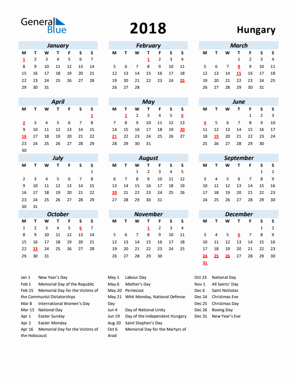 2018 Calendar for Hungary with Holidays