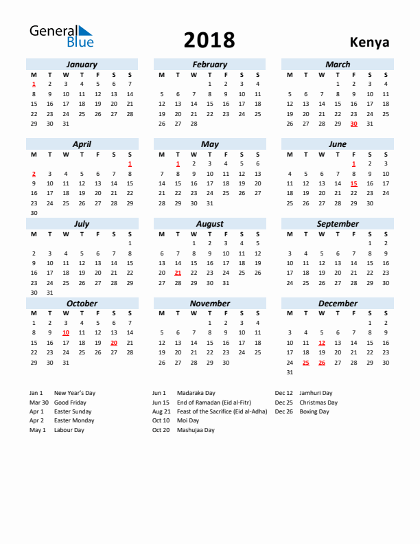 2018 Calendar for Kenya with Holidays