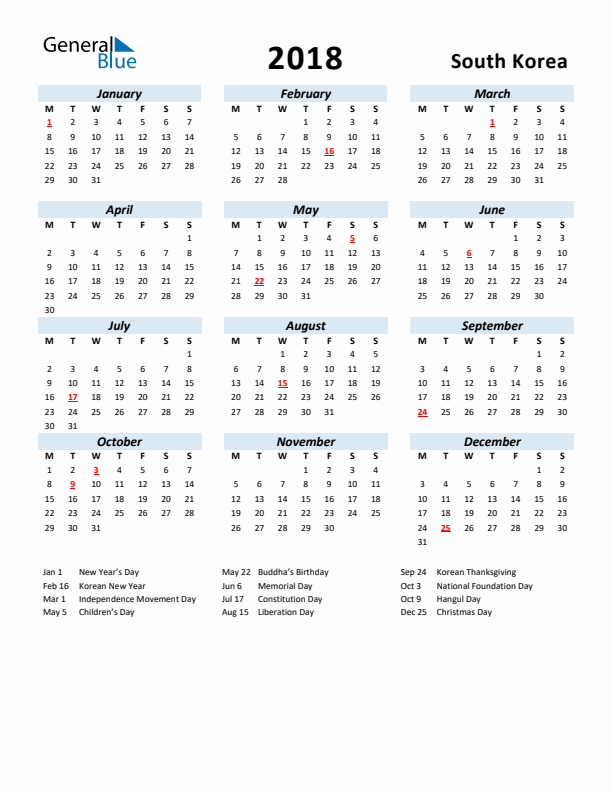 2018 Calendar for South Korea with Holidays