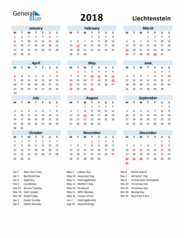 2018 Calendar for Liechtenstein with Holidays