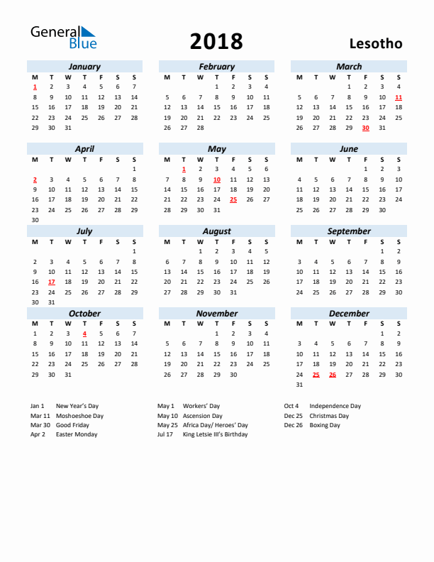 2018 Calendar for Lesotho with Holidays