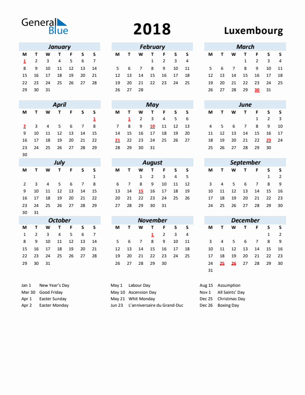 2018 Calendar for Luxembourg with Holidays