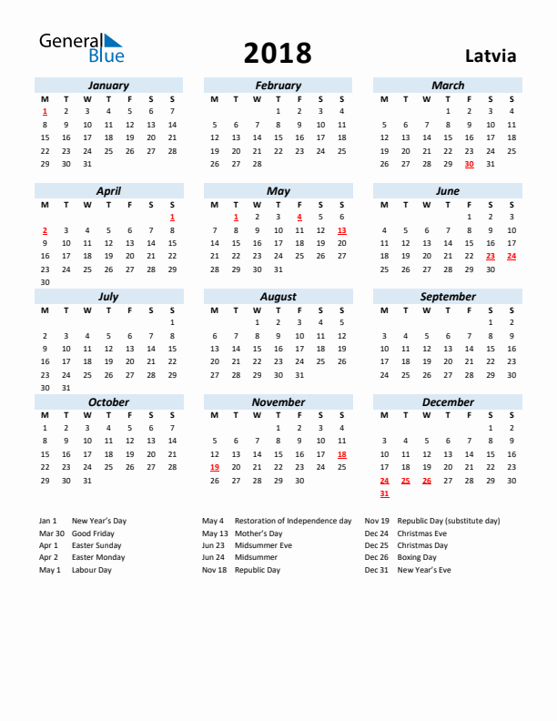 2018 Calendar for Latvia with Holidays