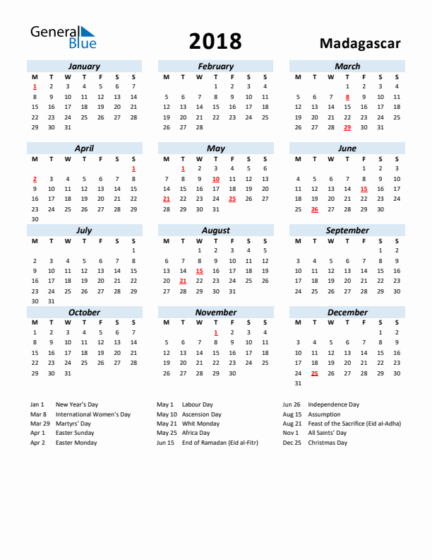 2018 Calendar for Madagascar with Holidays