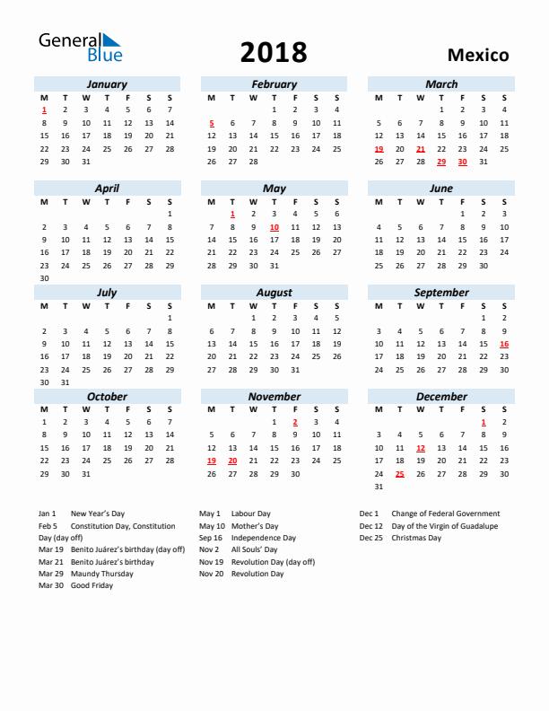 2018 Calendar for Mexico with Holidays