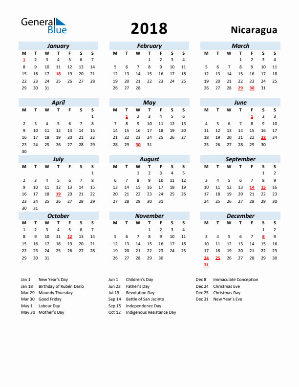 2018 Calendar for Nicaragua with Holidays